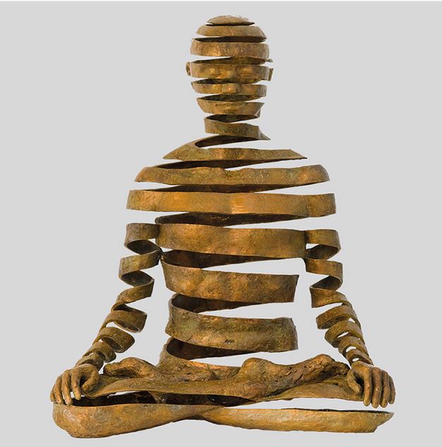 Bronze sculpture of a seated figure formed from stacked horizontal segments, echoing the vertebrae of the spine.